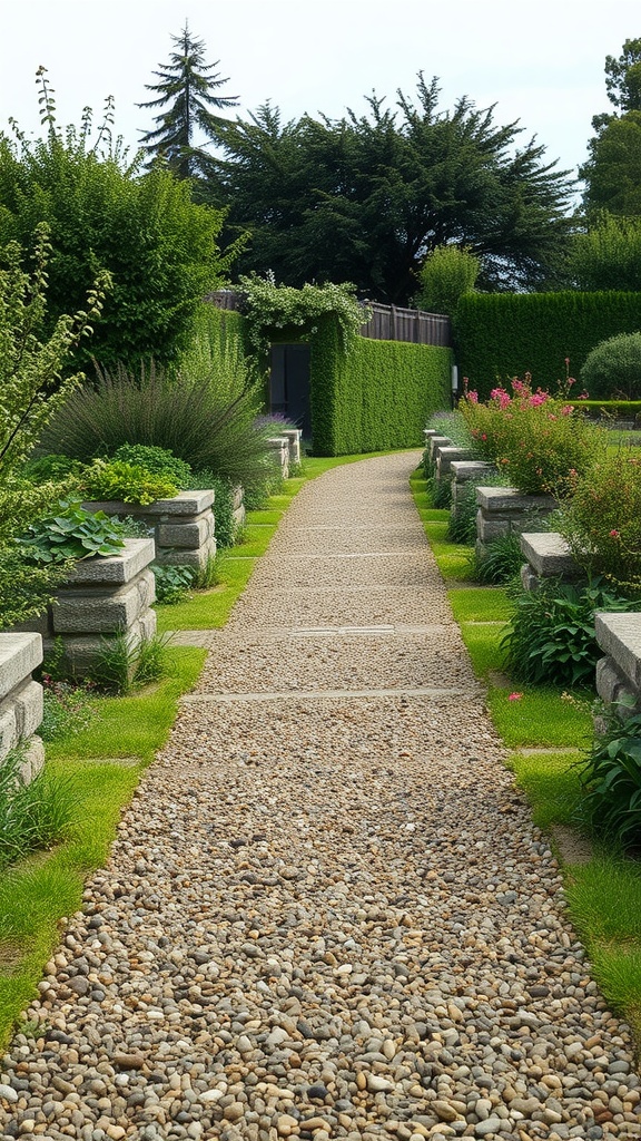 A rustic gravel pathway lined with plants and stone borders, leading through a lush garden.