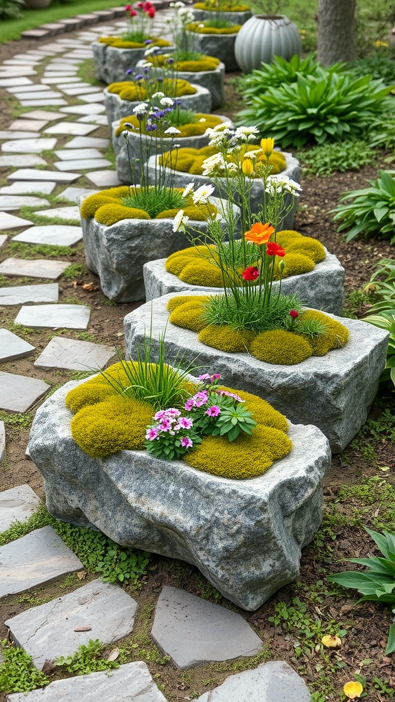A pathway lined with rustic stone planters filled with colorful flowers and moss.