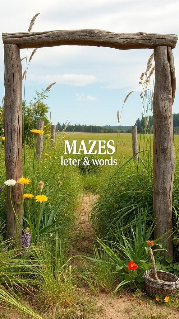 A rustic timber frame archway leading into a grassy pathway lined with wildflowers.