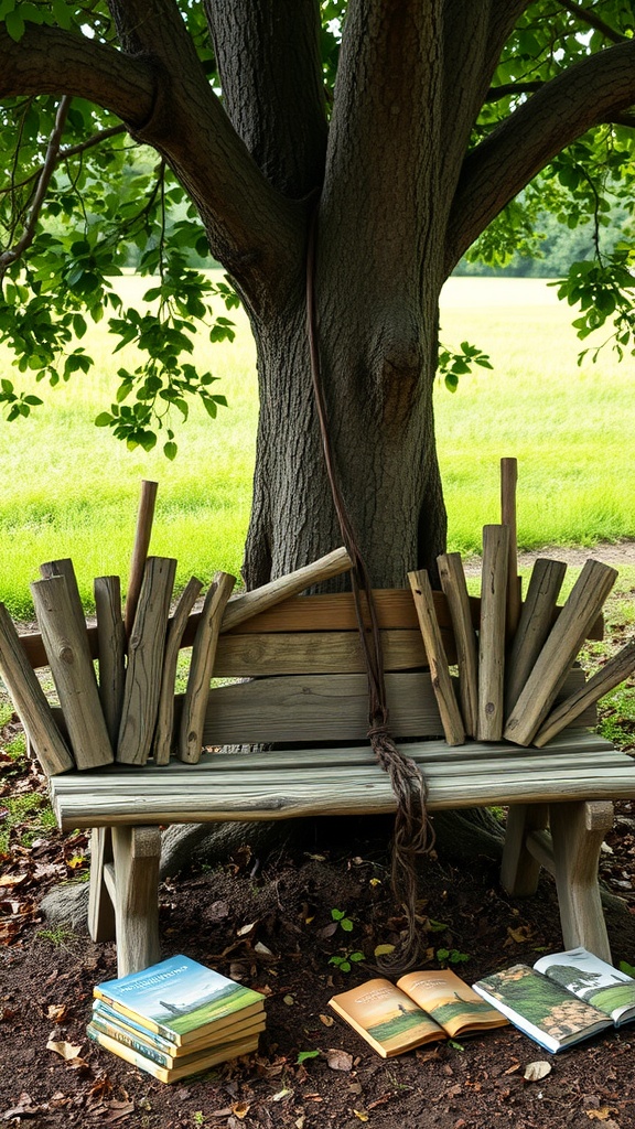 Rustic wooden bench under a tree with books stacked beside it.