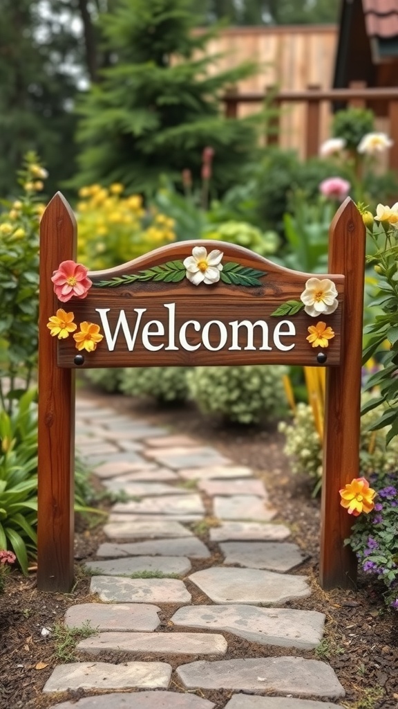 Rustic wooden sign with flowers, placed along a stone pathway in a garden.