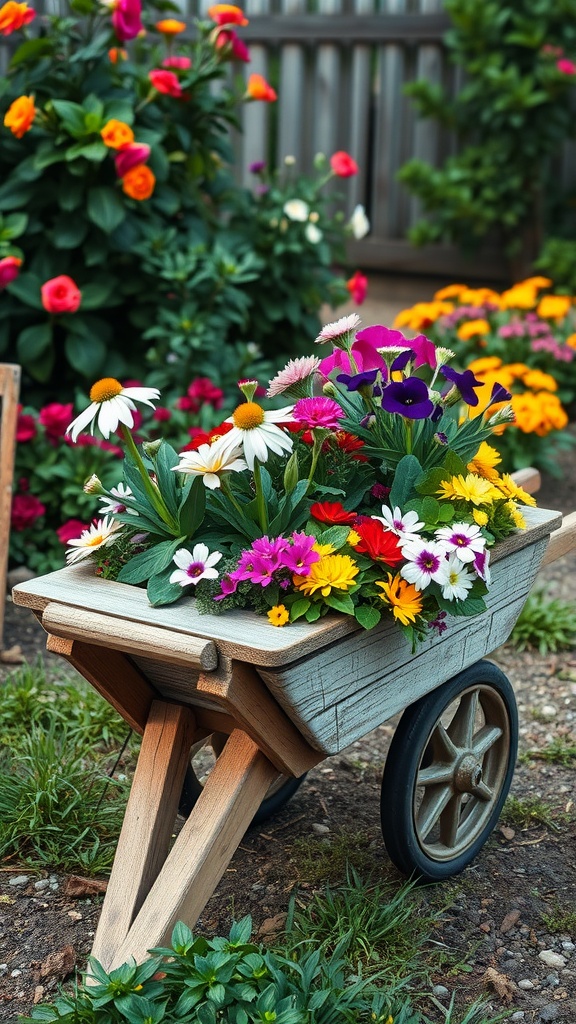 A rustic wooden wheelbarrow planter filled with colorful flowers in a garden setting.