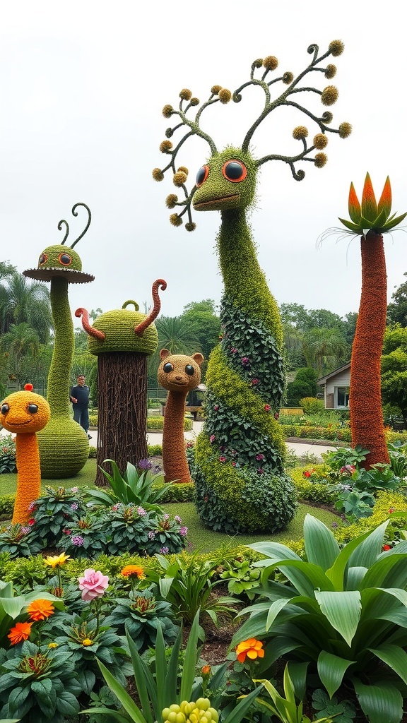Whimsical garden sculptures made from plants, including creature-like figures and vibrant flowers.