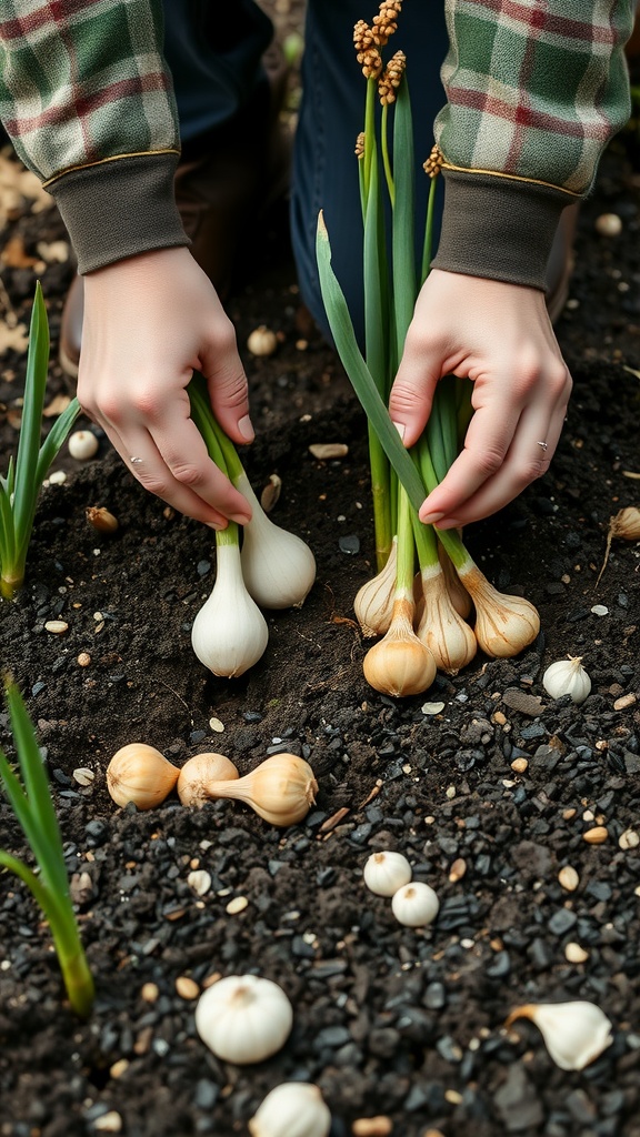 Person harvesting various bulbs in a garden