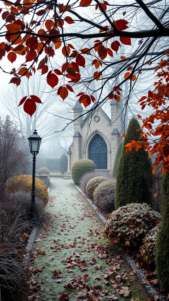 A Gothic garden scene in autumn with red leaves, a frosty path, and an ornate structure in the background.