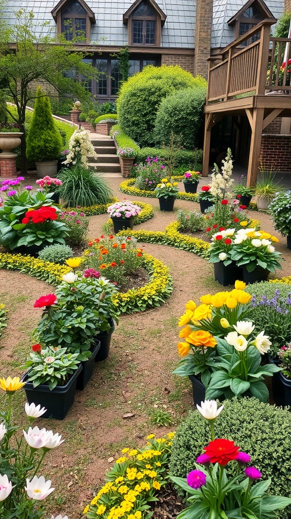 A colorful garden labyrinth with various flowers in pots, showcasing seasonal blooms.