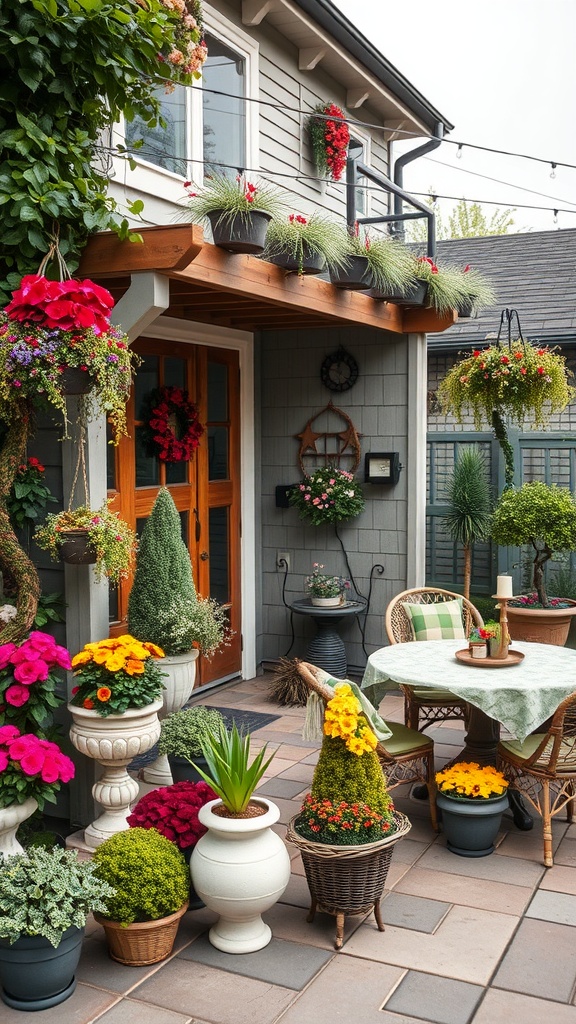 A colorful terrace garden with potted flowers and a cozy seating area, showcasing seasonal decor.