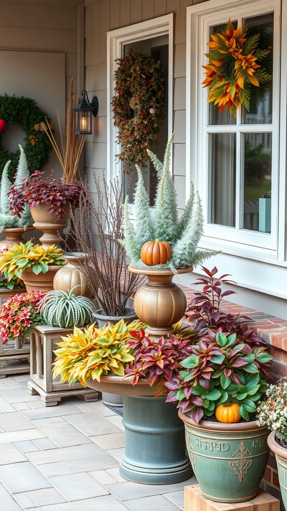 Colorful seasonal decorative planters with pumpkins and foliage on a porch