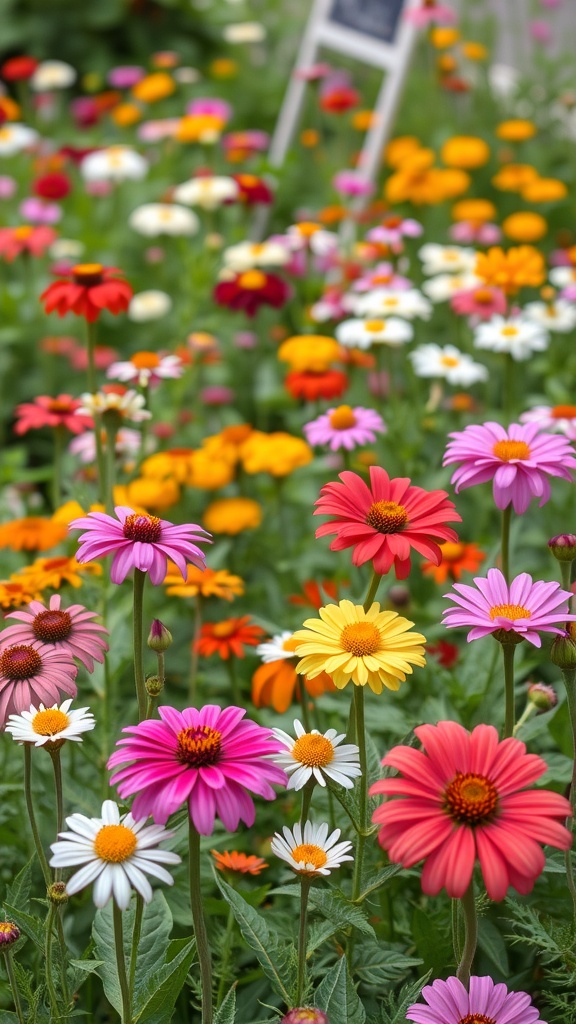 Colorful seasonal flowers in various shades, creating a vibrant garden scene.