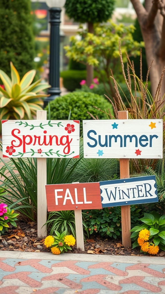 Wooden garden signs displaying the seasons: Spring, Summer, Fall, and Winter, surrounded by greenery and flowers.