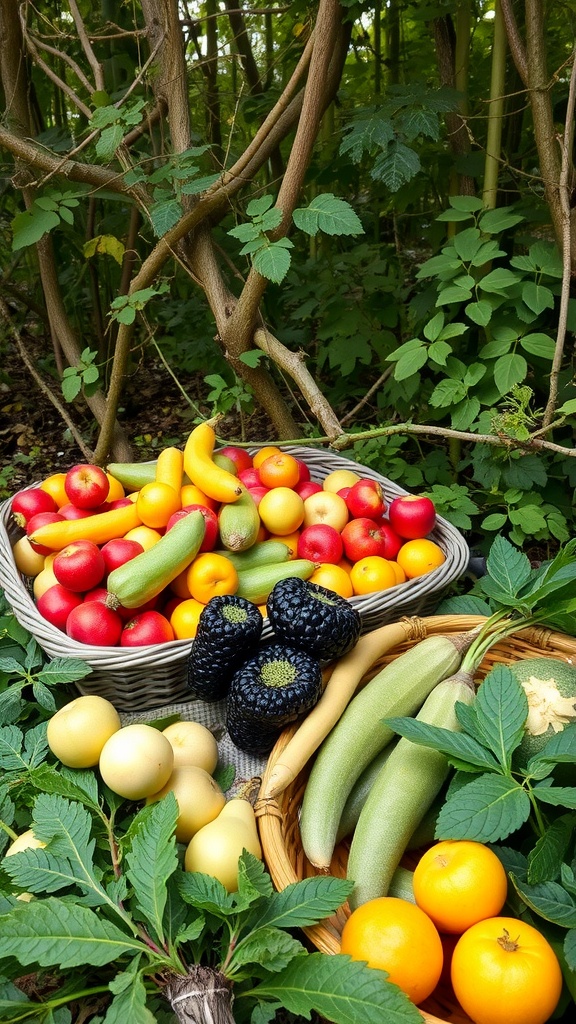 Baskets filled with colorful seasonal fruits and vegetables in a forest garden setting.