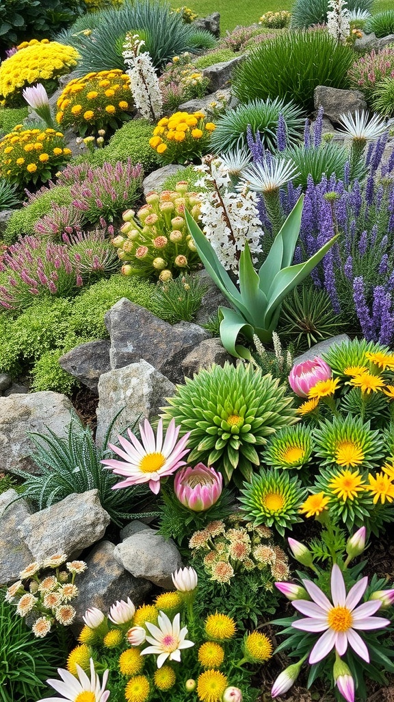 A vibrant alpine garden featuring a variety of colorful flowers and textured foliage set against rocks.