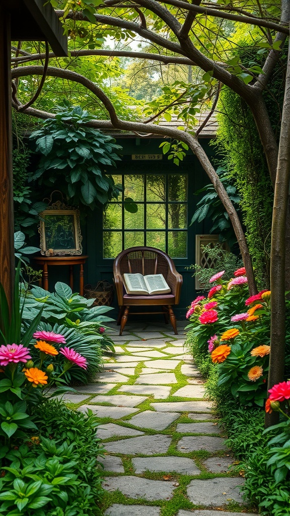 A charming stone pathway lined with colorful flowers leading to a cozy reading nook.