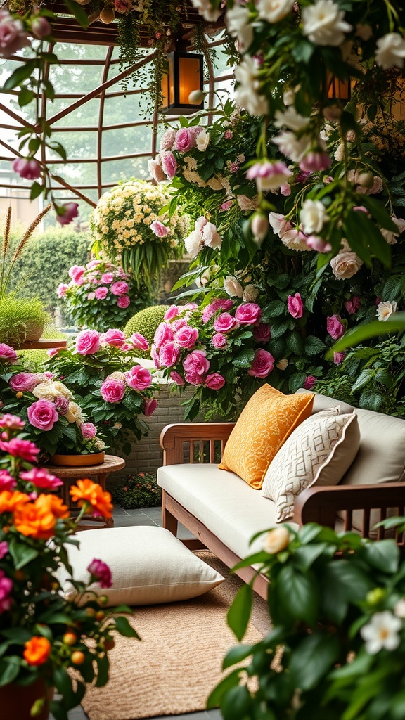 Cozy seating nook surrounded by colorful flowers and greenery in a secret garden.