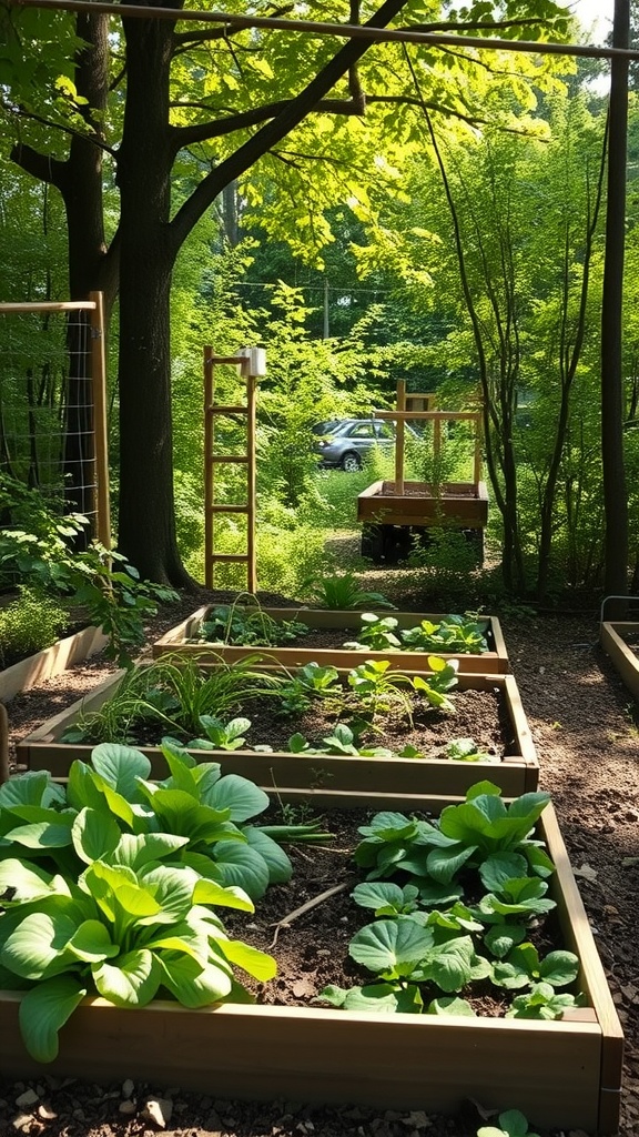 A peaceful forest garden with shade-tolerant vegetable beds filled with leafy greens.