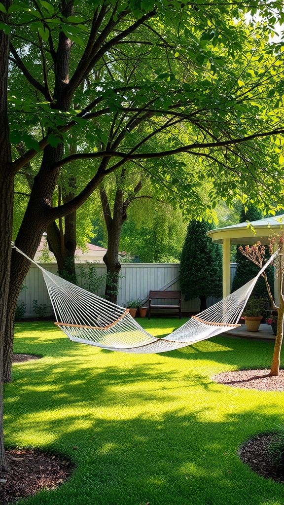 A hammock suspended between trees in a green garden, showcasing a peaceful shaded retreat.