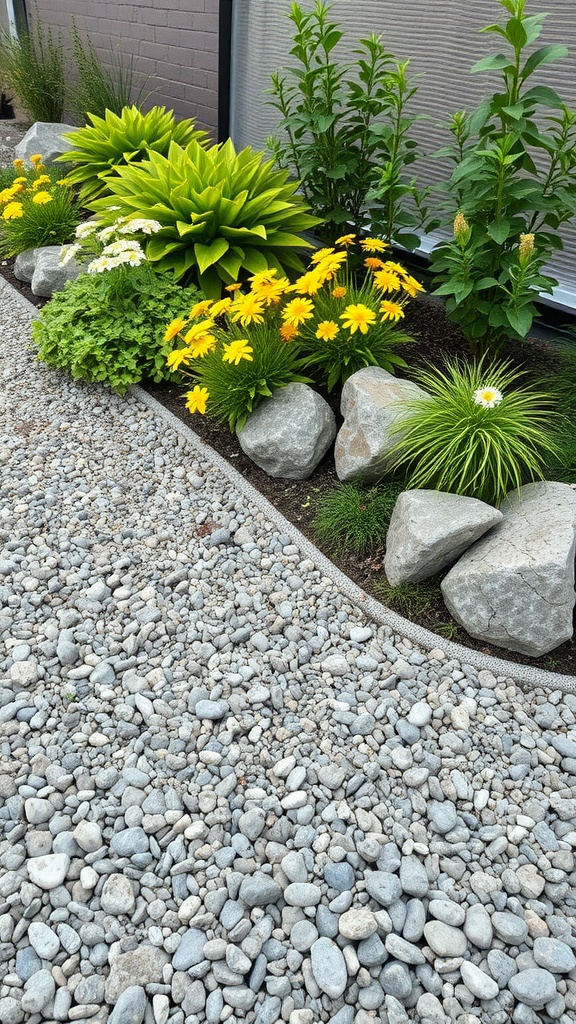 A garden bed featuring bright yellow flowers and lush greenery, bordered by smooth gravel and stones.
