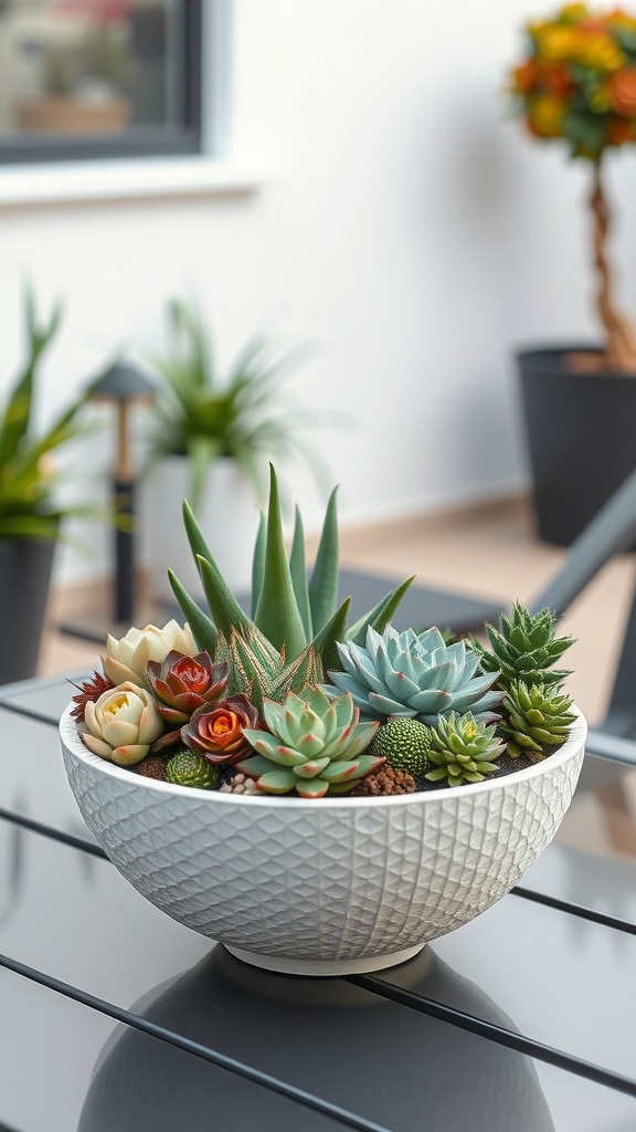 A bowl filled with colorful succulent plants on a table.