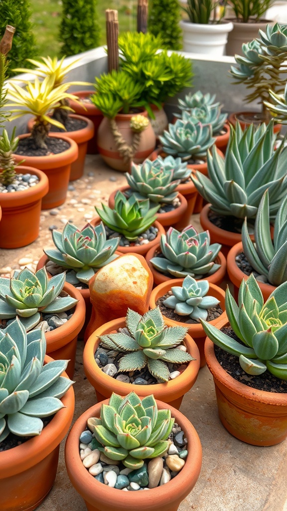 A variety of succulents arranged in terracotta pots on a terrace