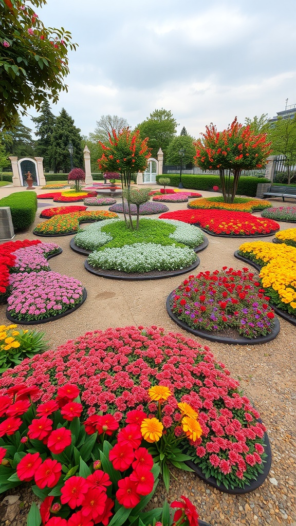 A colorful garden with flower beds in vibrant patterns featuring various flowers in red, pink, yellow, and white.