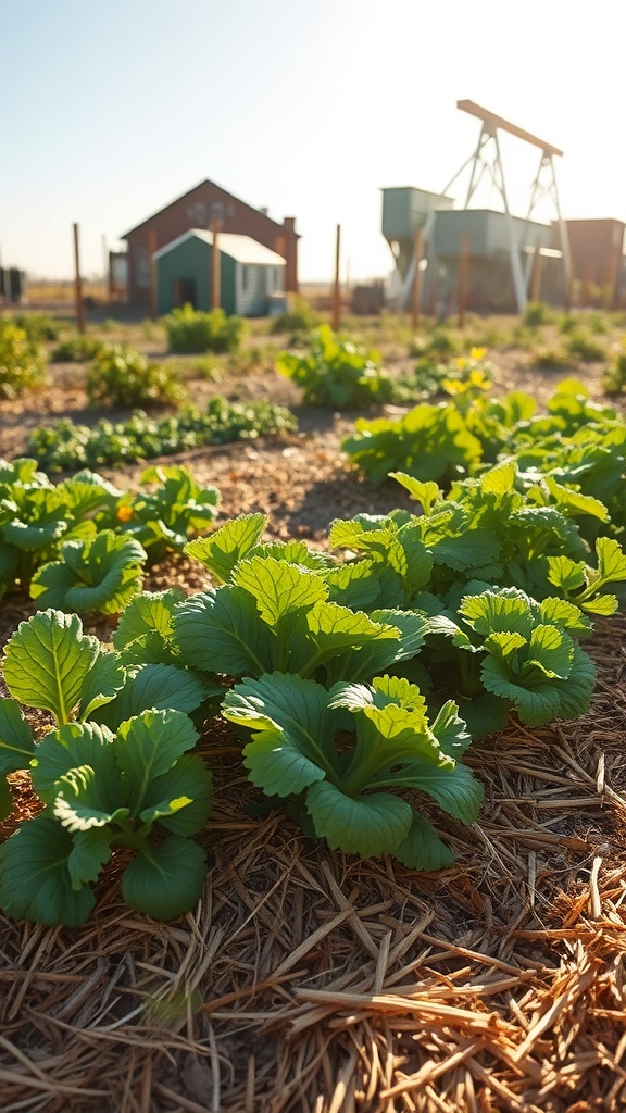 A garden with green plants and straw mulch, showcasing sustainable gardening practices.