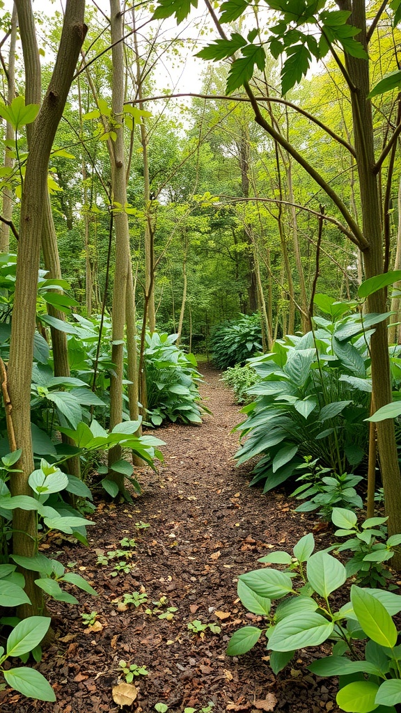 A serene pathway in a forest garden, lined with trees and lush green plants, suggesting a diverse ecosystem.