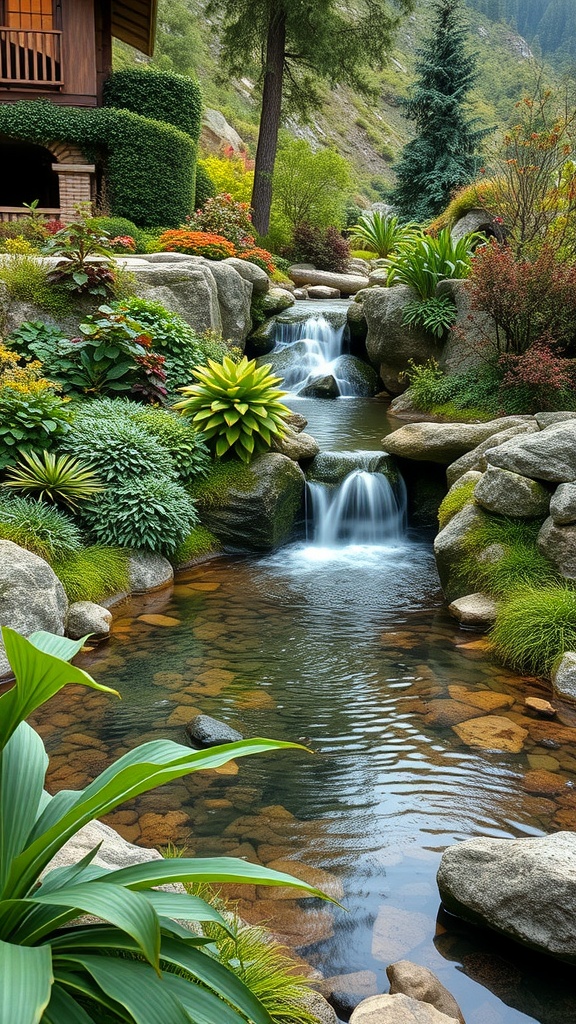 A tranquil water feature with a gentle stream and rocks, surrounded by lush greenery in an alpine garden.