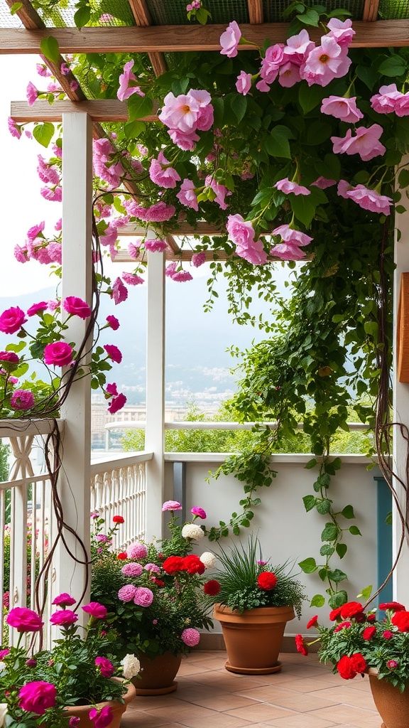 A terrace garden with a wooden trellis covered in climbing pink flowers and various colorful potted plants.