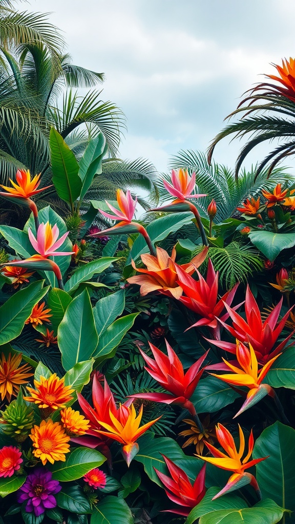 A vibrant tropical garden filled with bold foliage and colorful flowers like heliconias and dahlias.