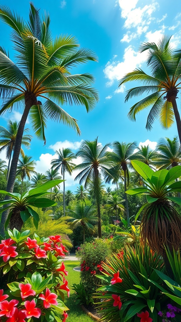 A vibrant tropical garden filled with palm trees and colorful flowers under a bright blue sky.