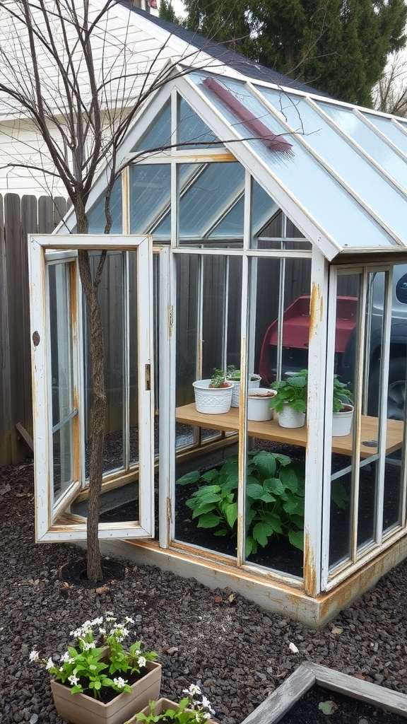 An upcycled window cold frame with plants inside