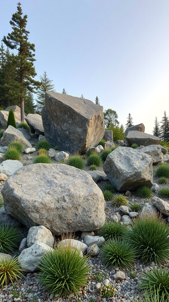 A scenic alpine garden featuring large boulders surrounded by green grasses and trees.