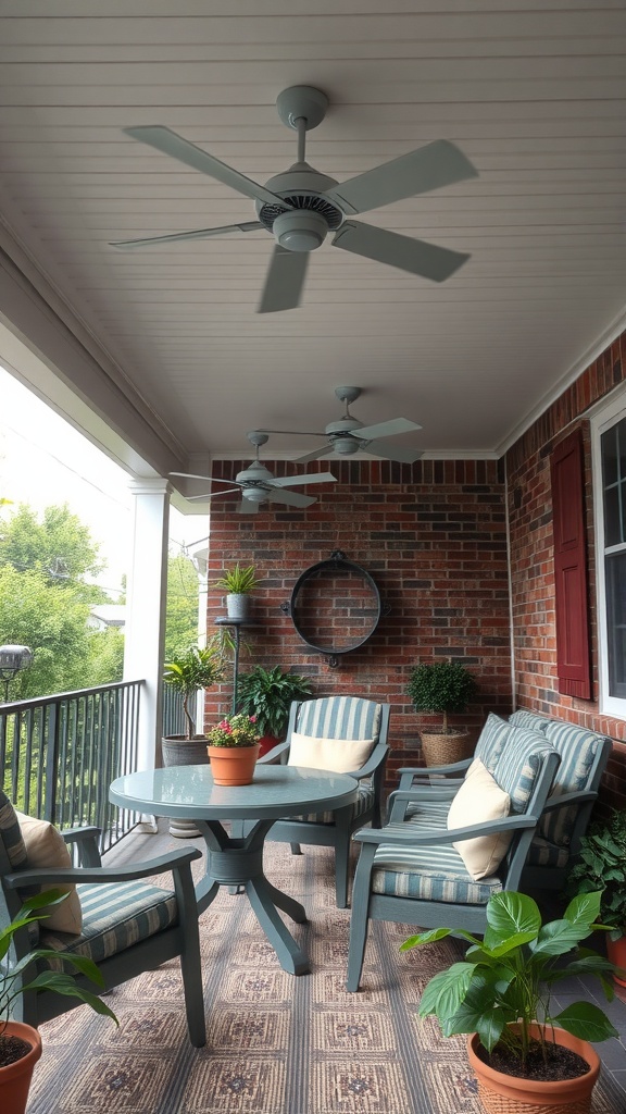 A cozy patio with ceiling fans and plants, creating a comfortable outdoor space.