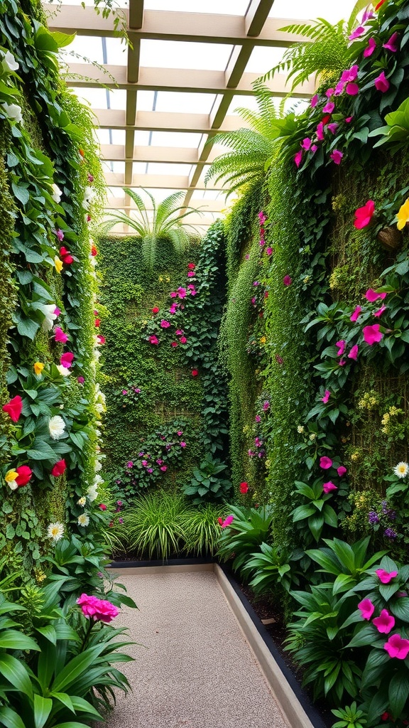 Vertical garden maze with colorful flowers and lush greenery