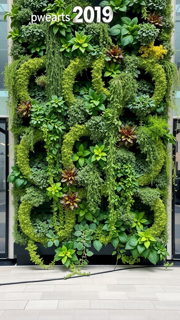 A vertical garden planter with various plants in a circular design, showcasing vibrant greens and textures.