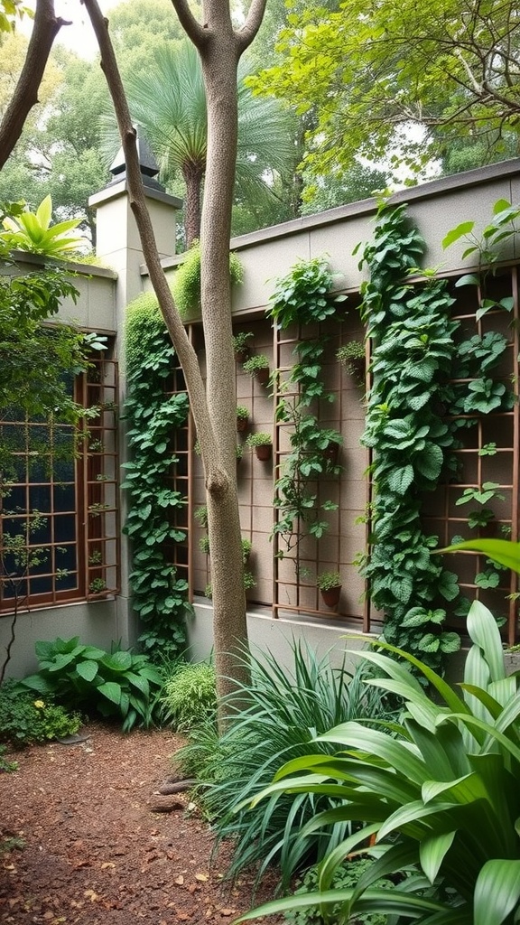 Lush vertical garden with climbing plants against a wall