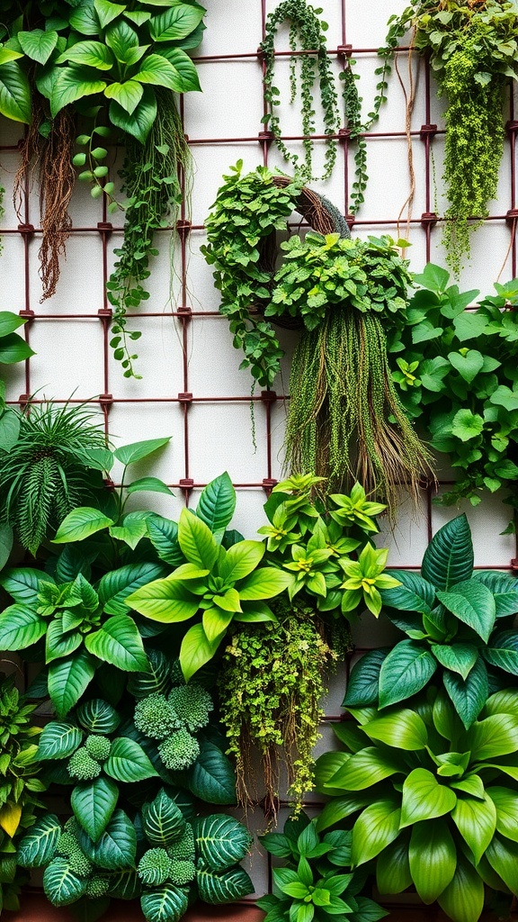 A visually appealing vertical garden featuring a variety of green plants arranged on a trellis.