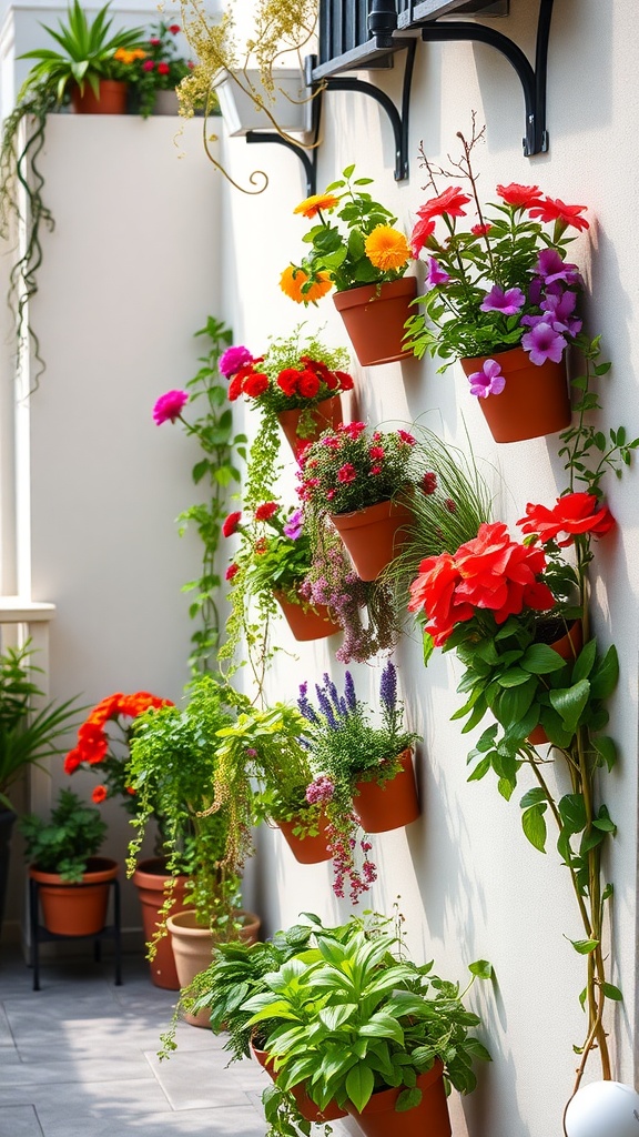 A vibrant display of flowers in vertical planters on a wall.