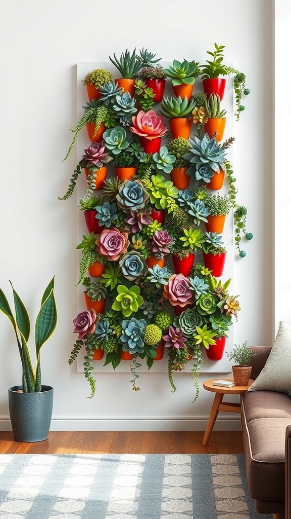 Vibrant vertical succulent wall planter with colorful pots, showcasing a variety of succulents, against a white wall.