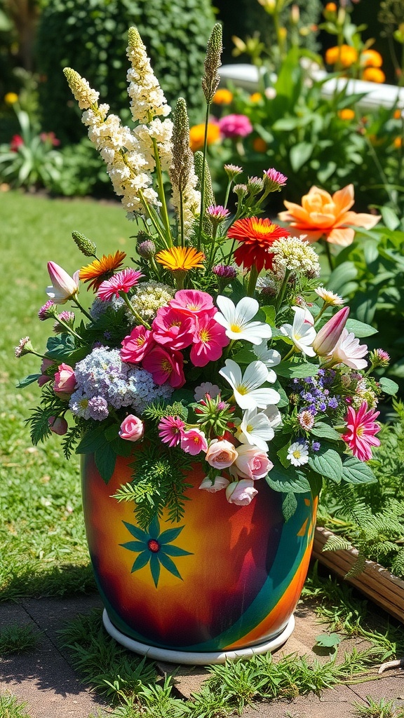 Colorful flower-filled planter with various blooms in a vibrant adorned pot
