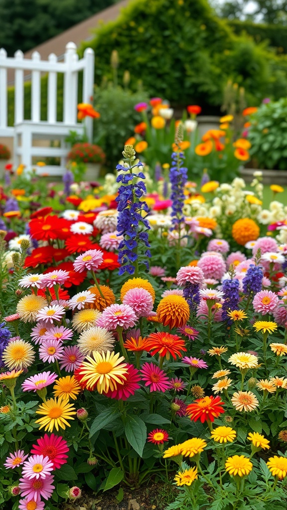 A garden filled with colorful perennial flowers and a white bench