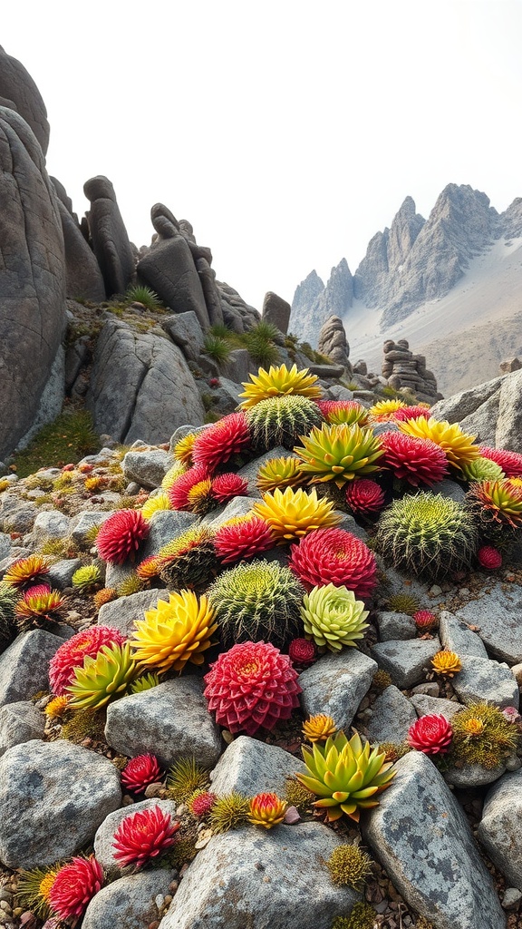 Colorful succulents growing among rocky outcrops with mountains in the background.