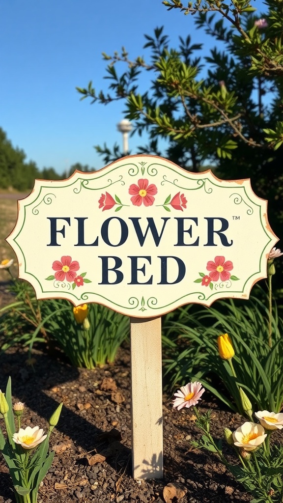 Vintage-style flower bed sign with floral accents