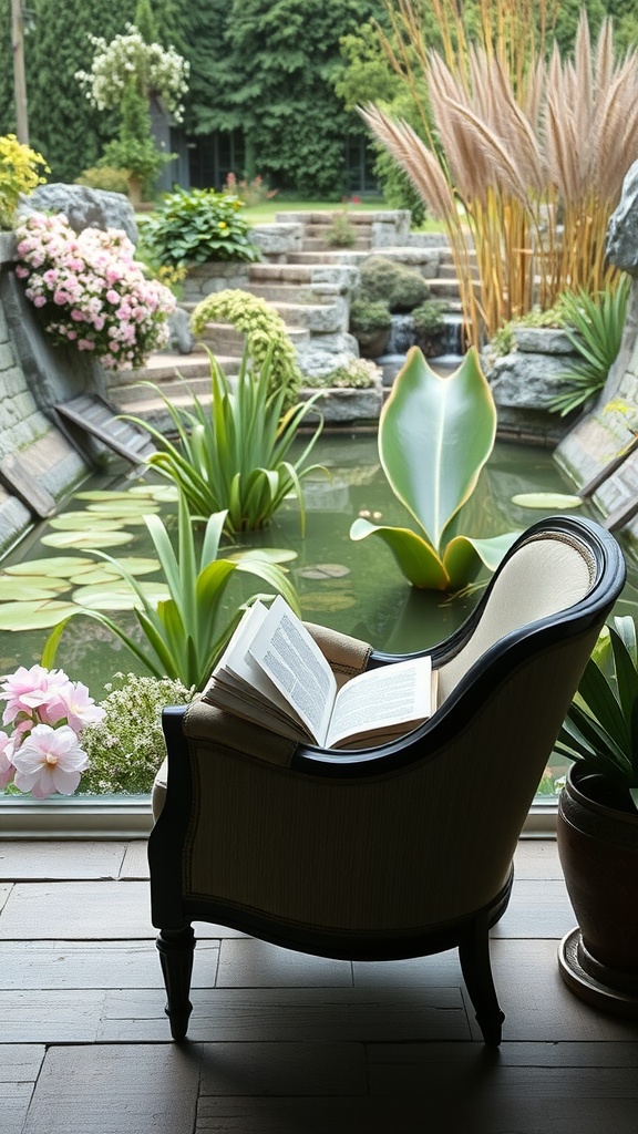 A vintage chair with an open book, overlooking a beautiful garden pond with flowers and plants.