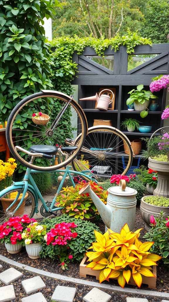 A vintage bicycle surrounded by colorful flowers and a watering can in a garden setting.
