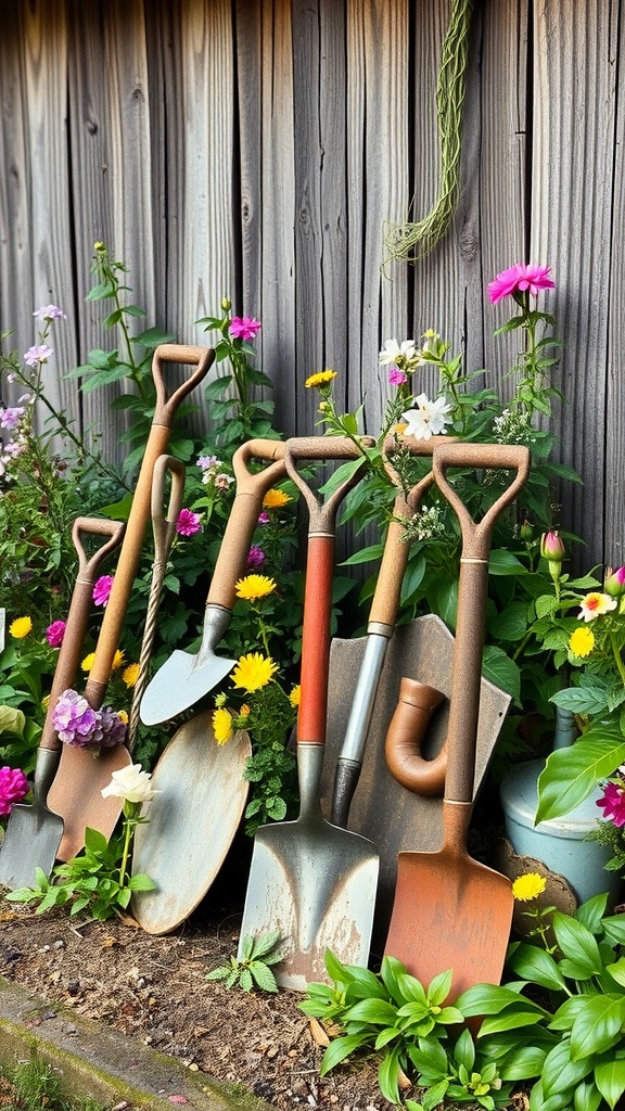 Collection of vintage garden tools leaning against a wooden fence, surrounded by flowers