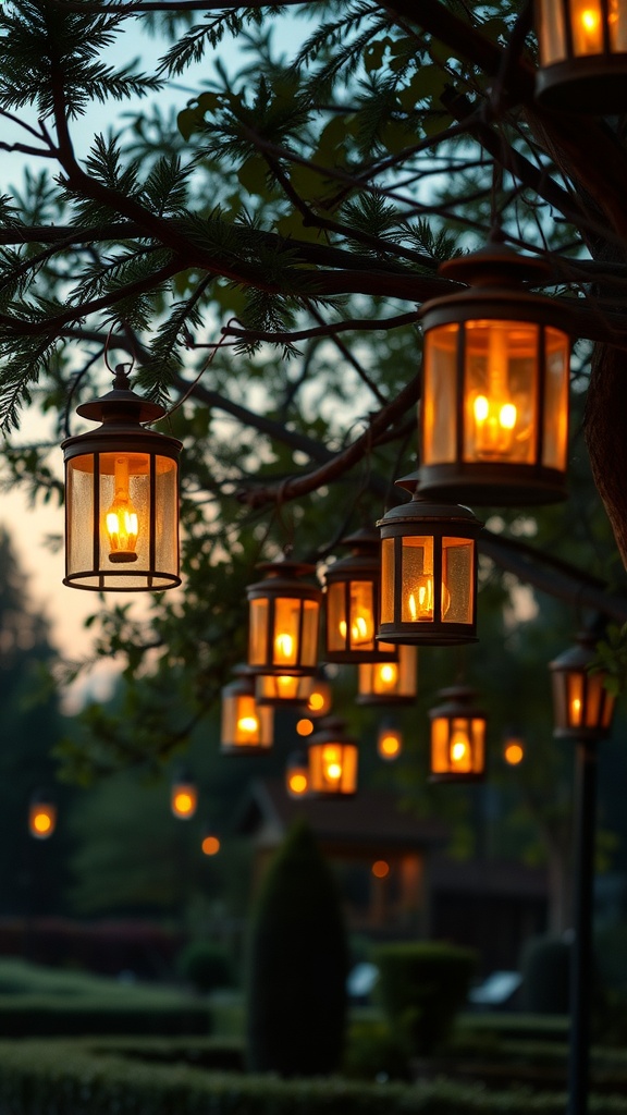 Vintage lanterns hanging from tree branches, glowing in the evening light.