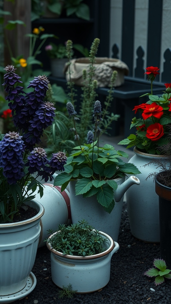 A collection of vintage planters and pots with various plants in a gothic garden setting.