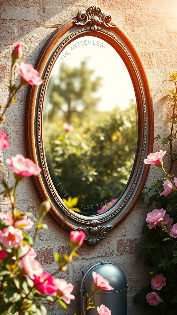 A vintage oval mirror with an ornate wooden frame surrounded by pink flowers in a garden