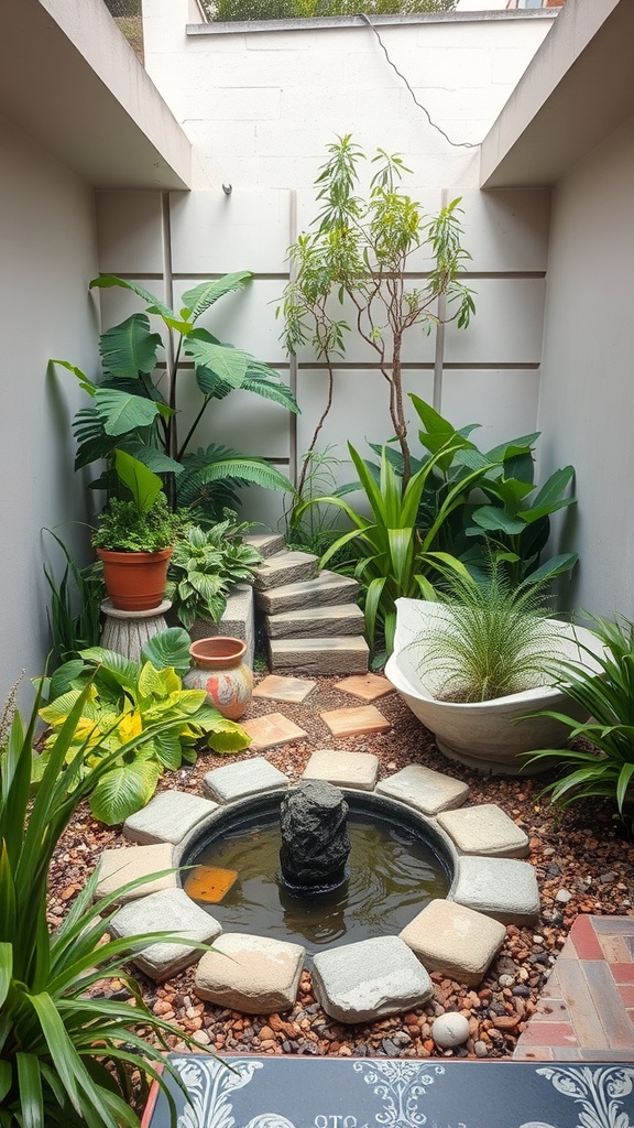 A tranquil terrace garden featuring a small water fountain, surrounded by various plants and a stone pathway.